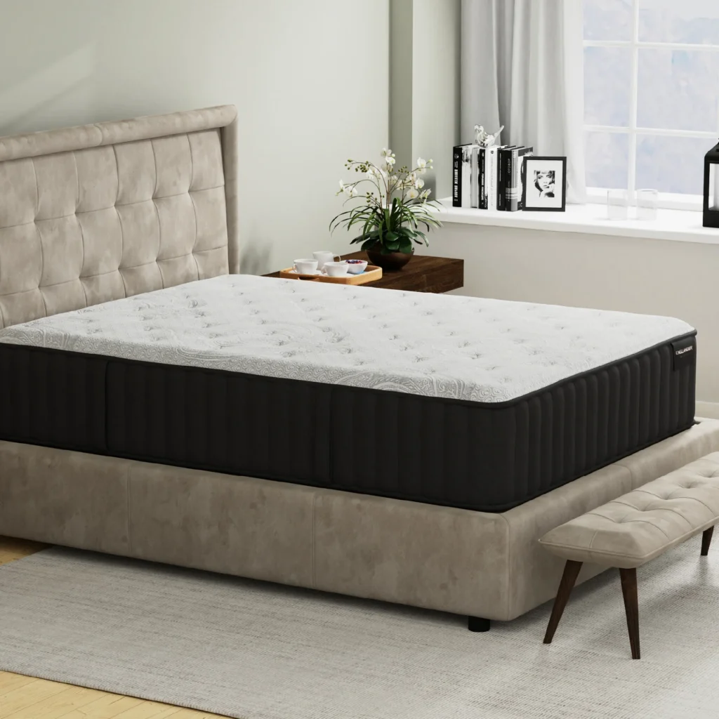 Beckford mattress styled in a bright bedroom