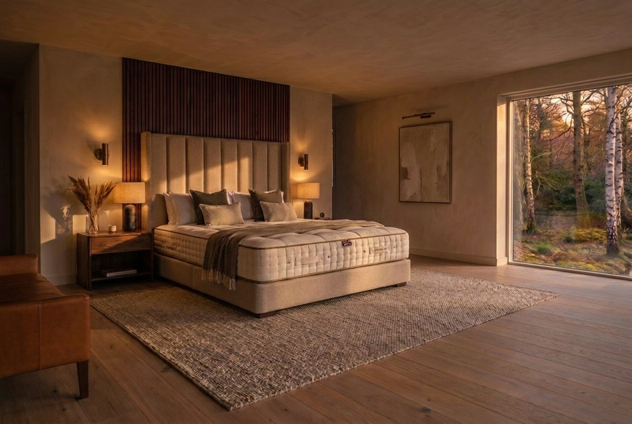 Master bedroom suite with upholstered bed and luxury mattress