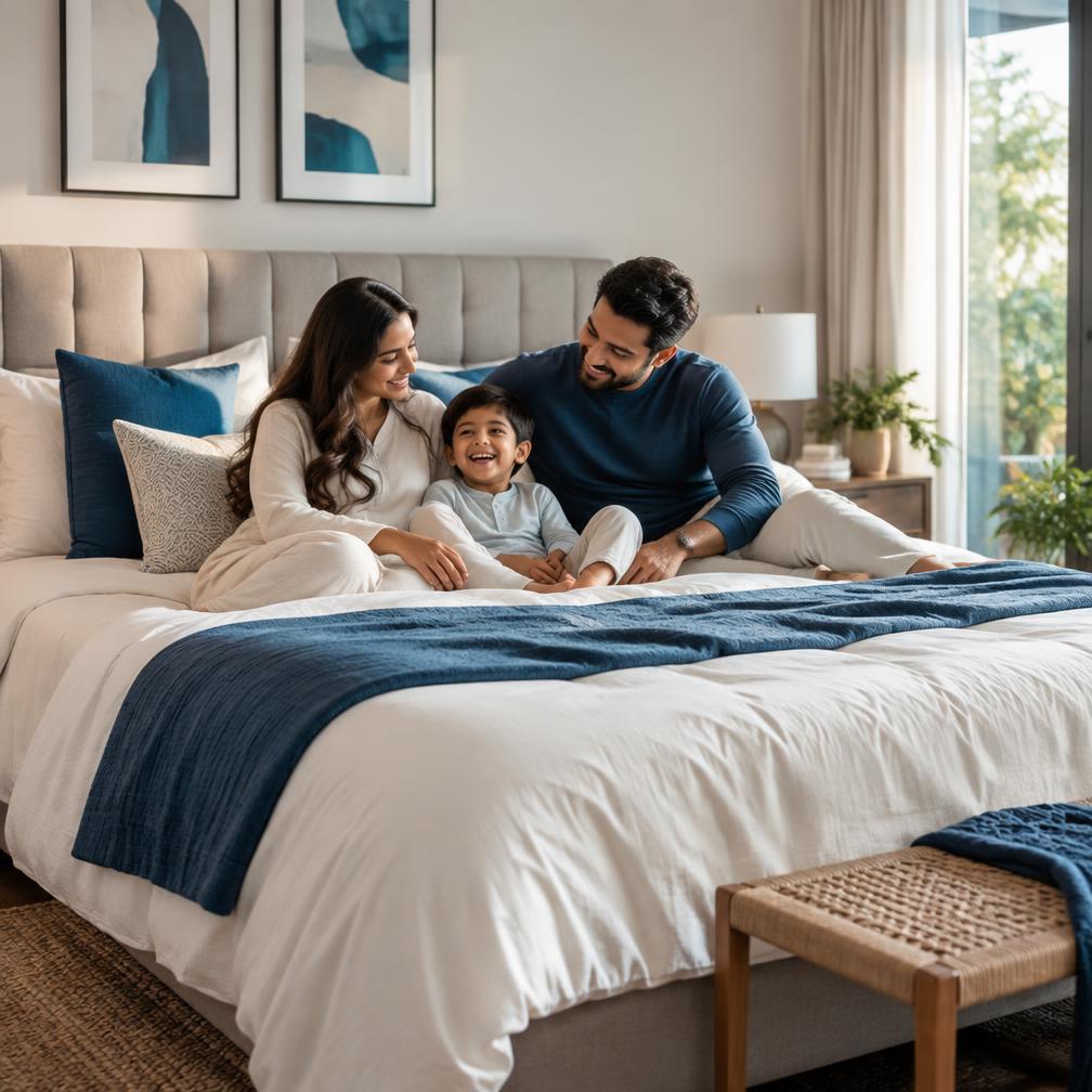 A family enjoying a comfortable bed at home