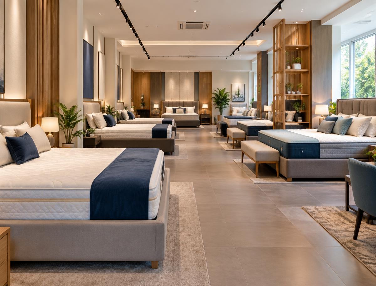 Mattress displays inside The Mattress Hub showroom